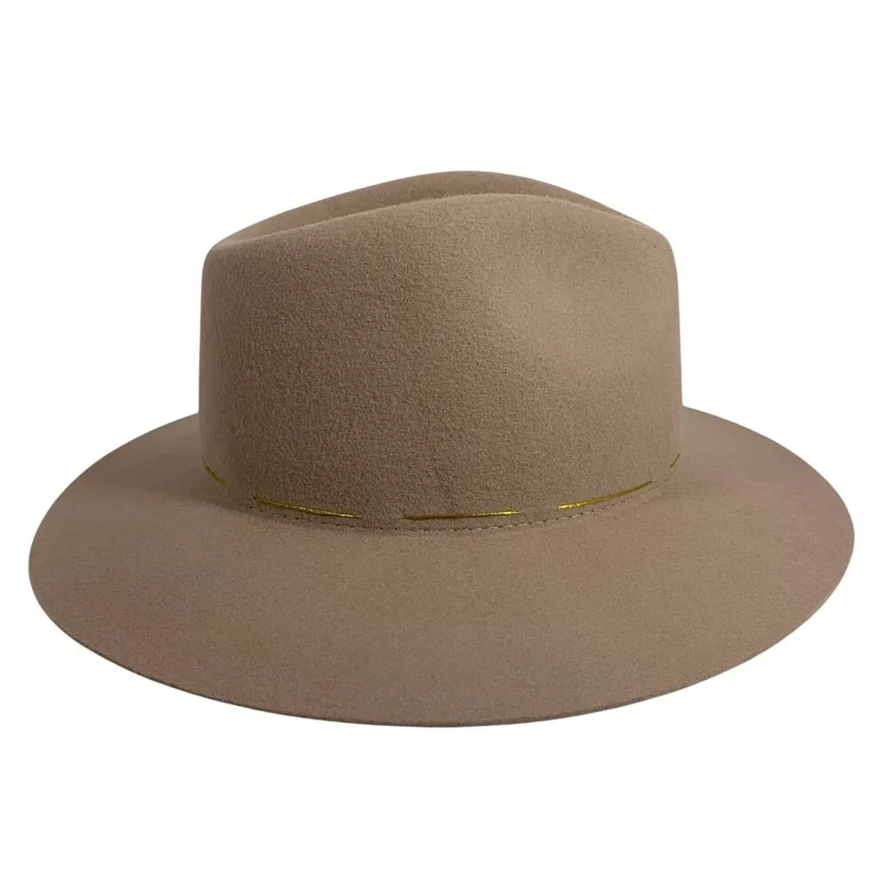 Morgan & Taylor 100% Australian Wool Tan Fedora Hat Gold Trim Band OSFM Adj NWT